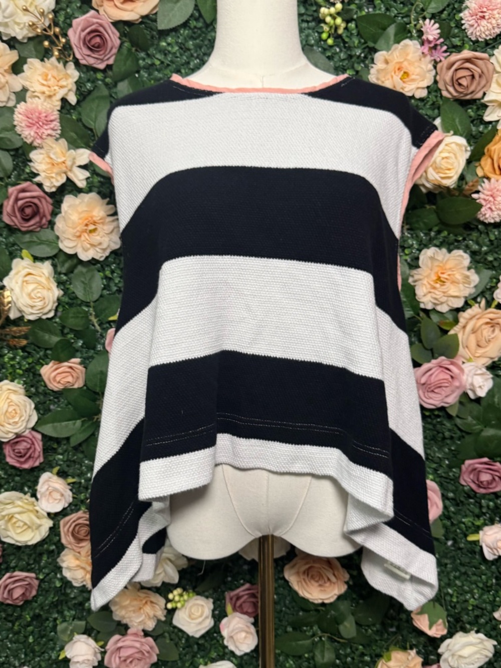 Free People Oversized Striped Knit Tank Top in Black, White & Light Orange Trim